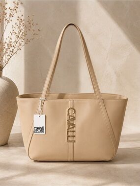 Cavalli Class Beige Large Tote Bag Gold Logo structured Shoulder Purse